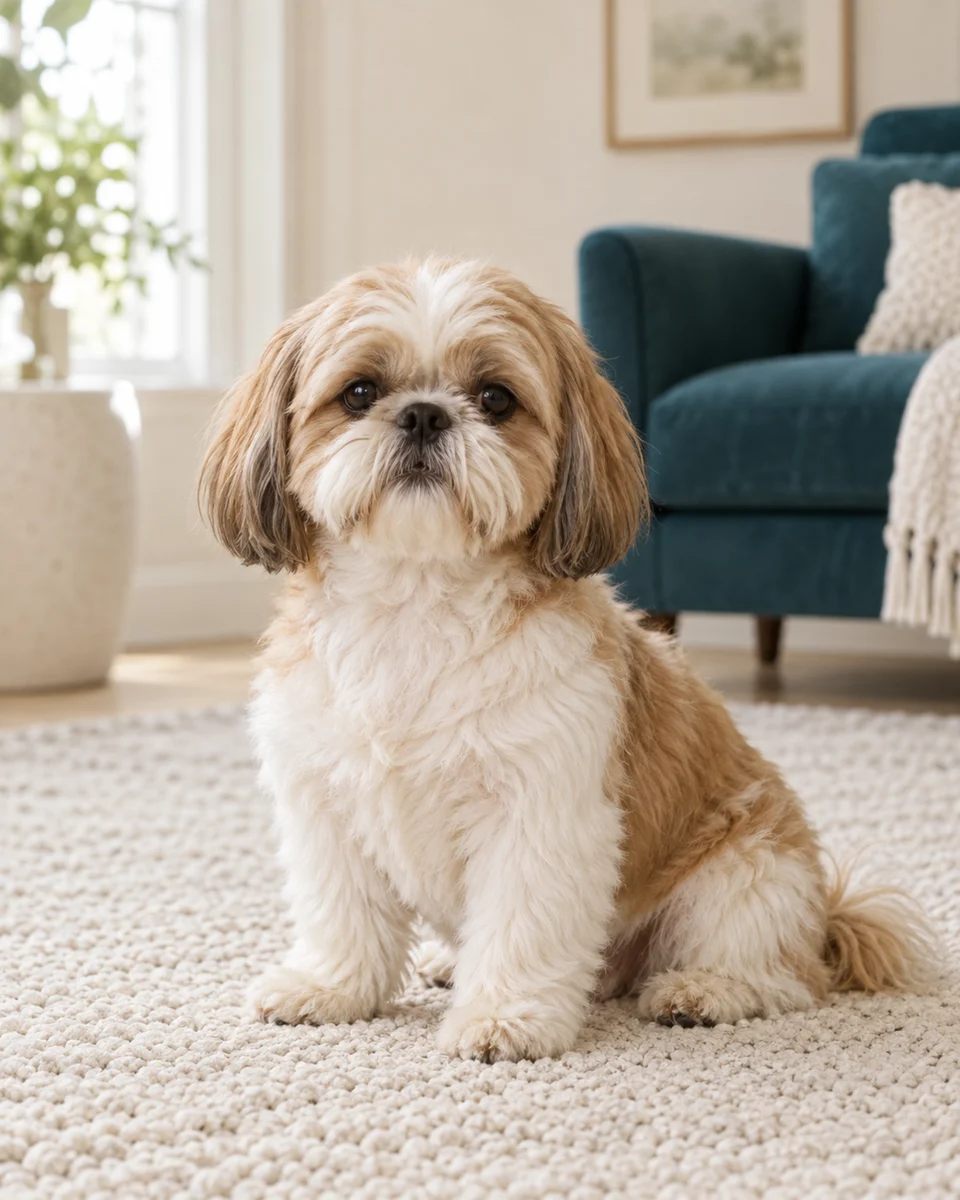 A cream and brown Shih Tzu resting at home